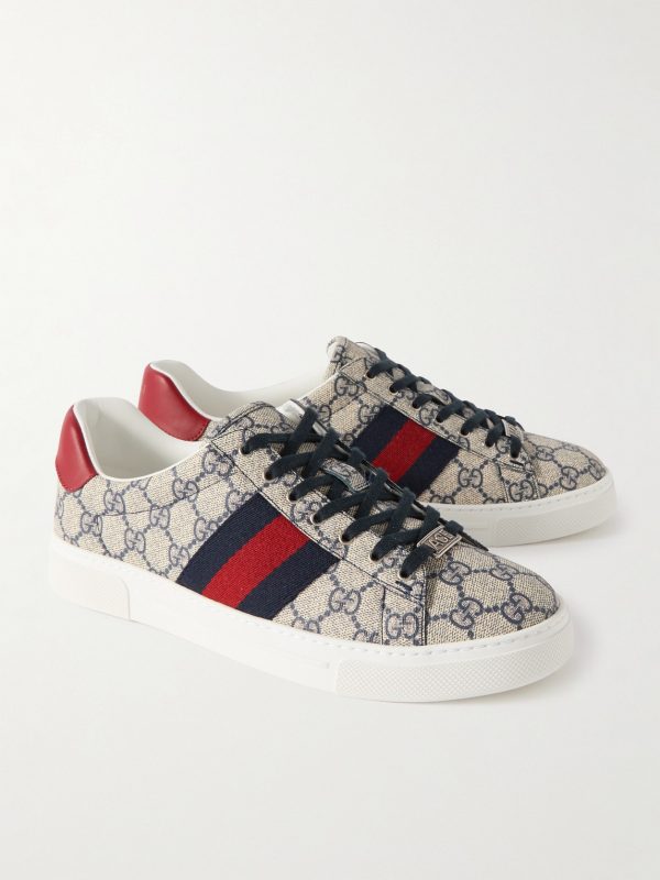 Ace Leather and Webbing-Trimmed Monogrammed Canvas Sneakers - FR Ace Leather and Webbing-Trimmed Monogrammed Canvas Sneakers - FR