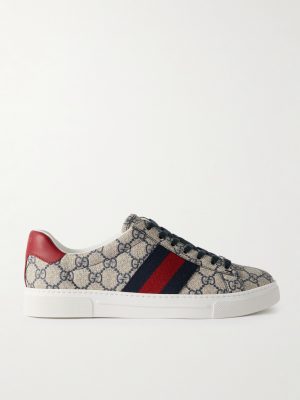 Ace Leather and Webbing-Trimmed Monogrammed Canvas Sneakers Ace Leather and Webbing-Trimmed Monogrammed Canvas Sneakers