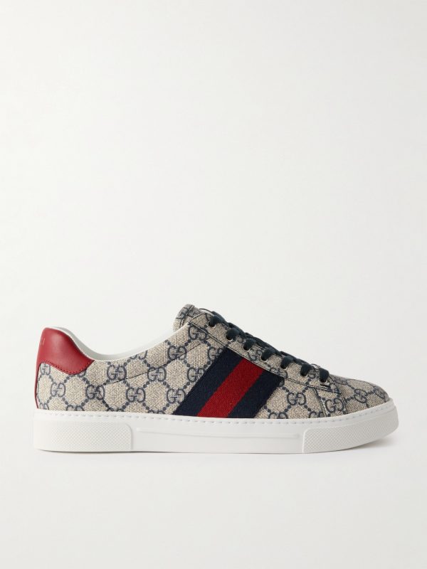 Ace Leather and Webbing-Trimmed Monogrammed Canvas Sneakers Ace Leather and Webbing-Trimmed Monogrammed Canvas Sneakers