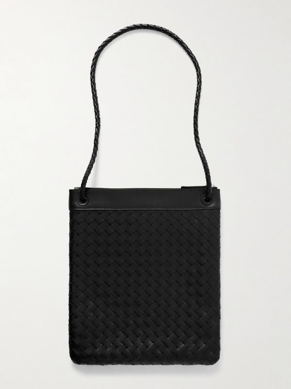 Flat Andiamo Intrecciato Leather Messenger Bag - BK Flat Andiamo Intrecciato Leather Messenger Bag - BK