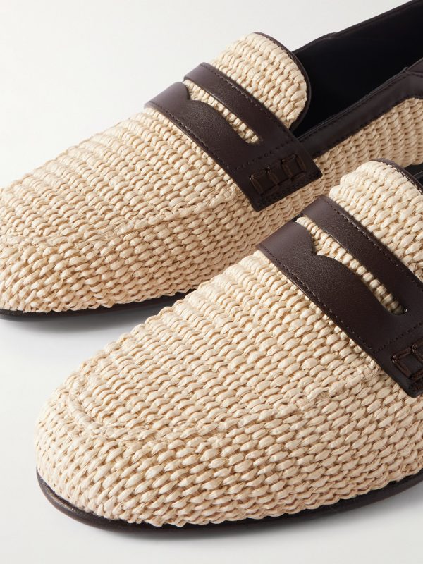 Padstow Collapsible-Heel Leather-Trimmed Raffia Loafers - CU Padstow Collapsible-Heel Leather-Trimmed Raffia Loafers - CU