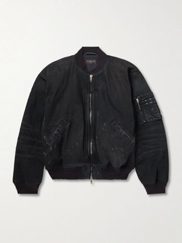 Distressed Padded Denim Bomber Jacket Distressed Padded Denim Bomber Jacket