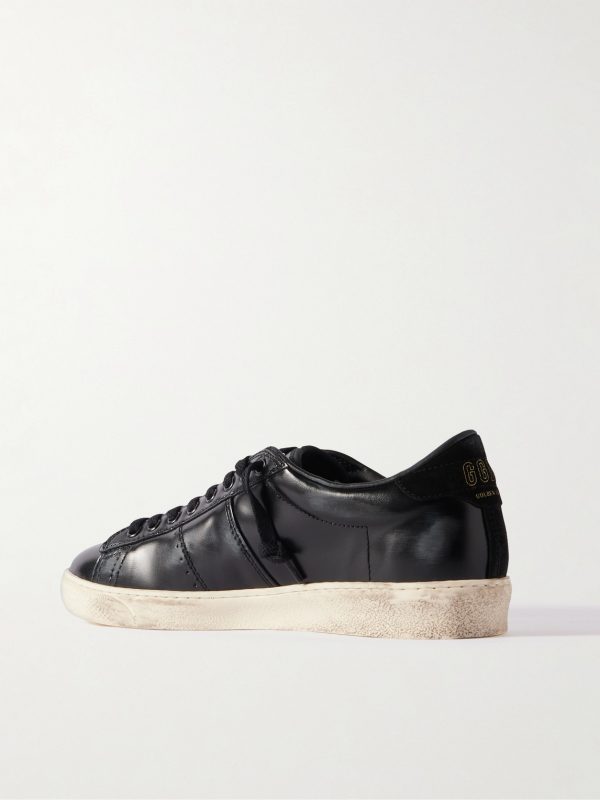 Matchstar Suede-Trimmed Distressed Glossed-Leather Sneakers - BK Matchstar Suede-Trimmed Distressed Glossed-Leather Sneakers - BK