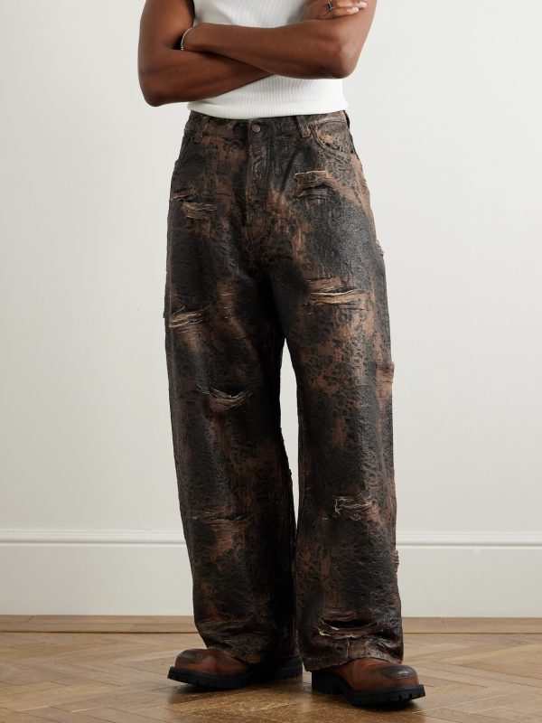 Wide-Leg Distressed Coated Jeans - FR