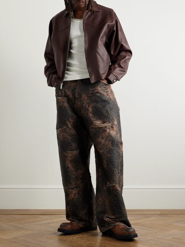 Wide-Leg Distressed Coated Jeans - OU