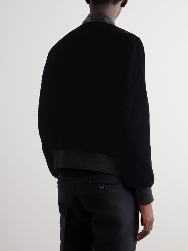 Full-Grain Leather-Trimmed Velvet Bomber Jacket - BK Full-Grain Leather-Trimmed Velvet Bomber Jacket - BK