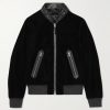 Full-Grain Leather-Trimmed Velvet Bomber Jacket Full-Grain Leather-Trimmed Velvet Bomber Jacket