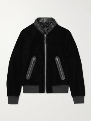 Full-Grain Leather-Trimmed Velvet Bomber Jacket Full-Grain Leather-Trimmed Velvet Bomber Jacket