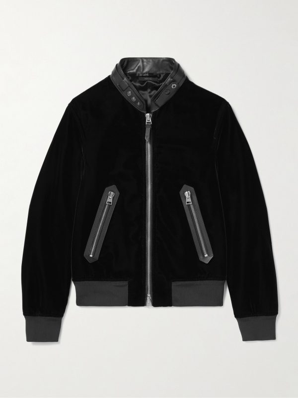 Full-Grain Leather-Trimmed Velvet Bomber Jacket Full-Grain Leather-Trimmed Velvet Bomber Jacket