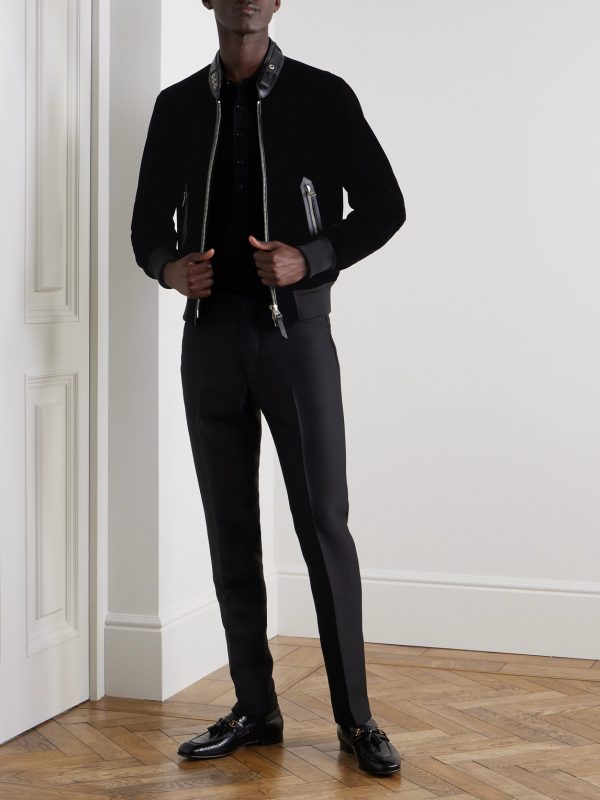 Full-Grain Leather-Trimmed Velvet Bomber Jacket - OU Full-Grain Leather-Trimmed Velvet Bomber Jacket - OU