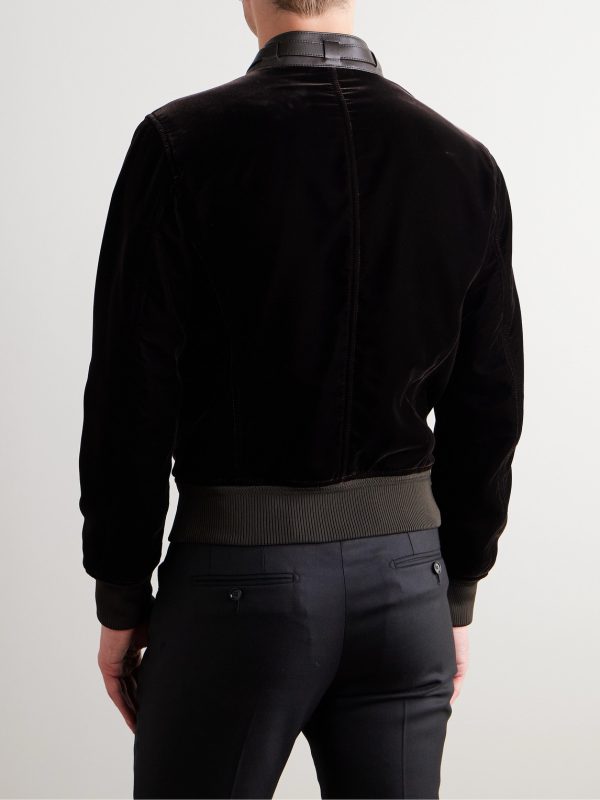 Full-Grain Leather-Trimmed Velvet Bomber Jacket - BK Full-Grain Leather-Trimmed Velvet Bomber Jacket - BK