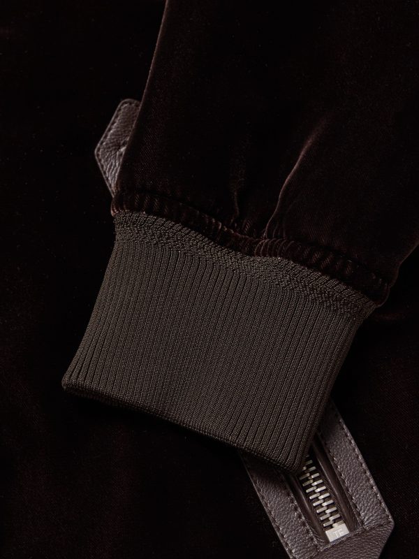Full-Grain Leather-Trimmed Velvet Bomber Jacket - E1 Full-Grain Leather-Trimmed Velvet Bomber Jacket - E1