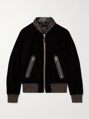 Full-Grain Leather-Trimmed Velvet Bomber Jacket Full-Grain Leather-Trimmed Velvet Bomber Jacket