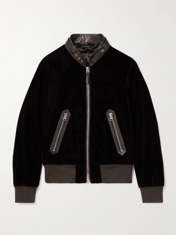 Full-Grain Leather-Trimmed Velvet Bomber Jacket Full-Grain Leather-Trimmed Velvet Bomber Jacket