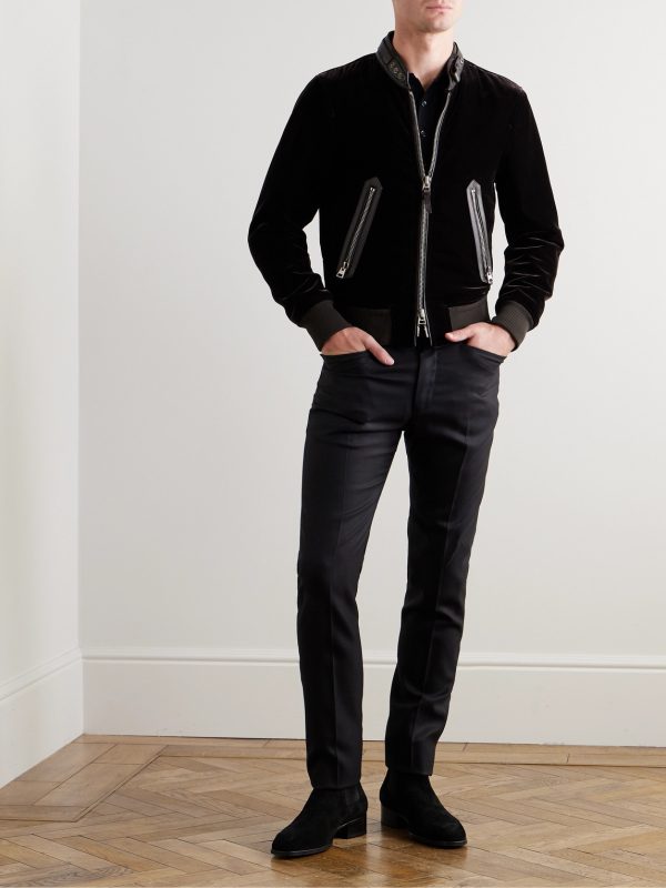 Full-Grain Leather-Trimmed Velvet Bomber Jacket - OU Full-Grain Leather-Trimmed Velvet Bomber Jacket - OU