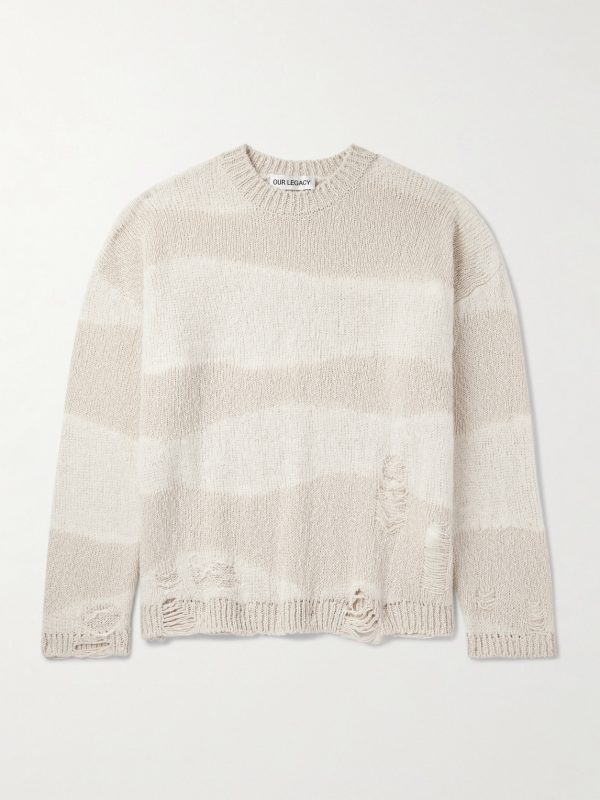 Popover Distressed Striped Cotton and Linen-Blend Sweater