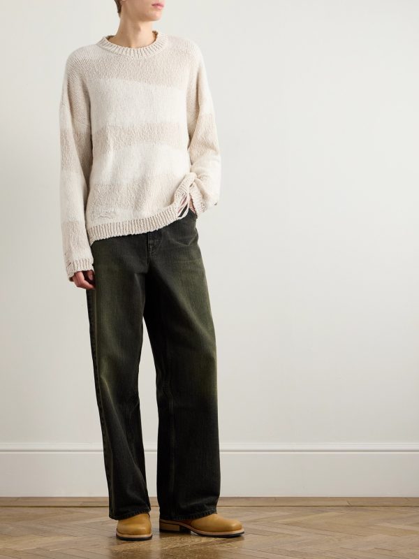 Popover Distressed Striped Cotton and Linen-Blend Sweater - OU