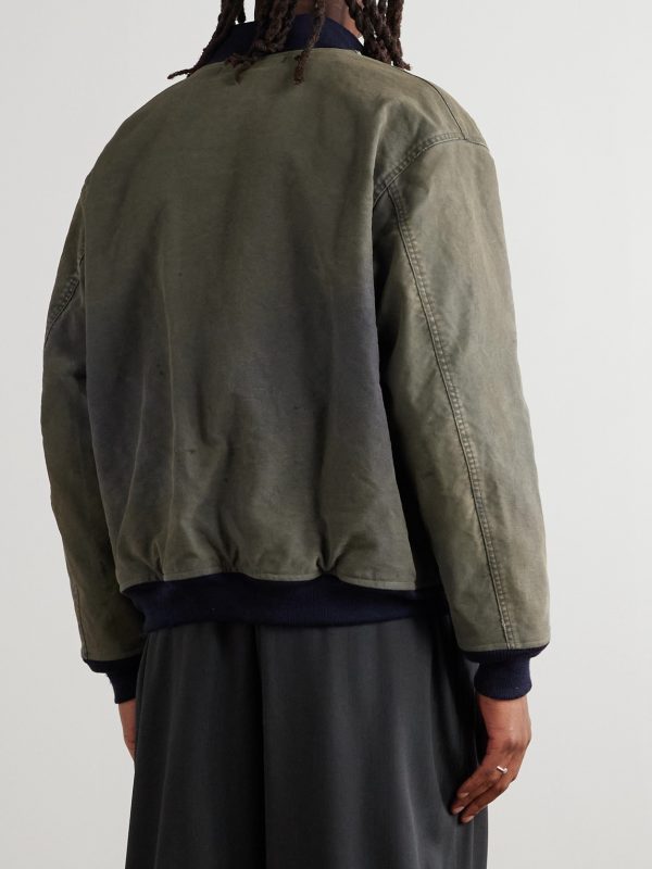 Vintage Distressed Ribbed Wool-Trimmed Denim Bomber Jacket - BK Vintage Distressed Ribbed Wool-Trimmed Denim Bomber Jacket - BK