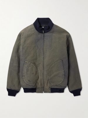 Vintage Distressed Ribbed Wool-Trimmed Denim Bomber Jacket