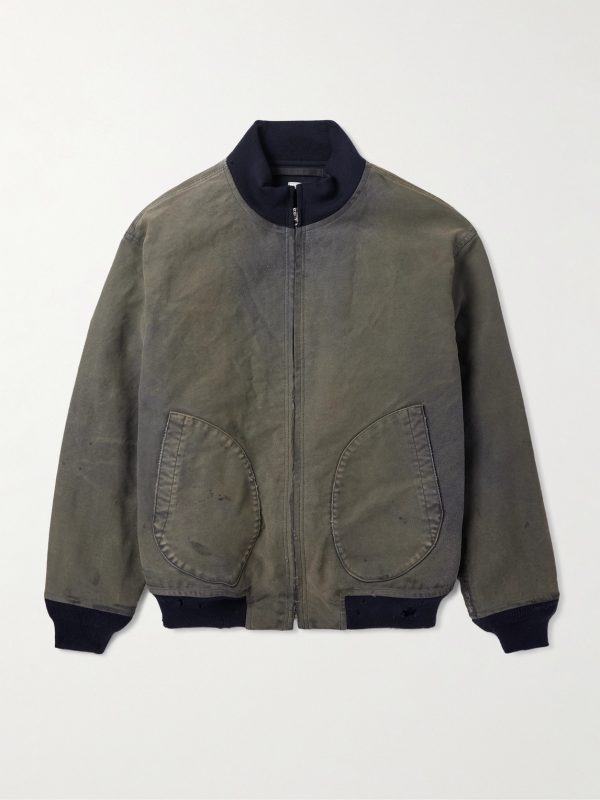 Vintage Distressed Ribbed Wool-Trimmed Denim Bomber Jacket Vintage Distressed Ribbed Wool-Trimmed Denim Bomber Jacket