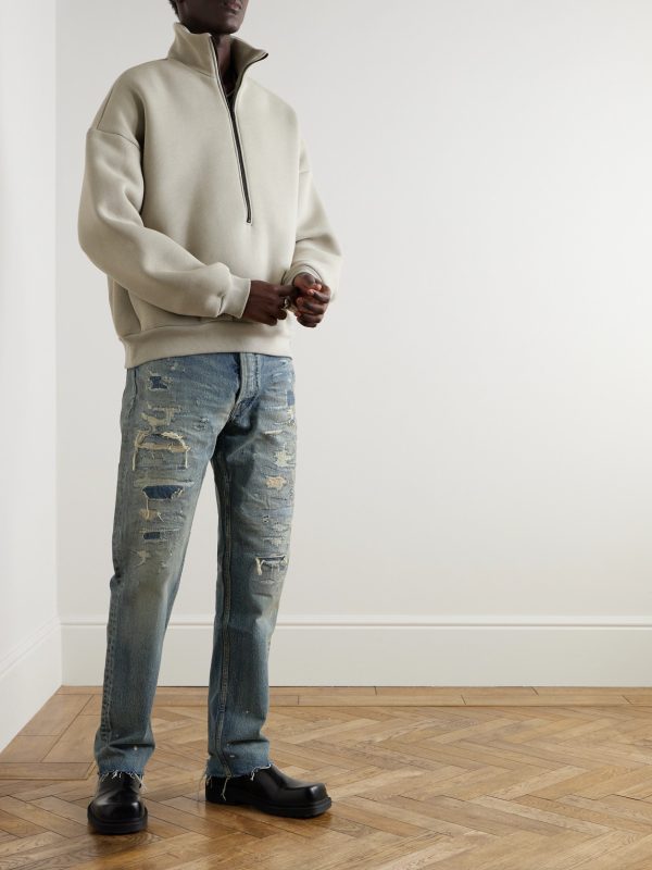 Straight-Leg Logo-Appliquéd Distressed Jeans - OU Straight-Leg Logo-Appliquéd Distressed Jeans - OU