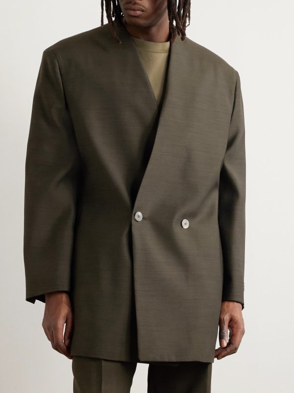Oversized Logo-Appliquéd Double-Breasted Wool and Silk-Blend Suit Jacket - FR Oversized Logo-Appliquéd Double-Breasted Wool and Silk-Blend Suit Jacket - FR