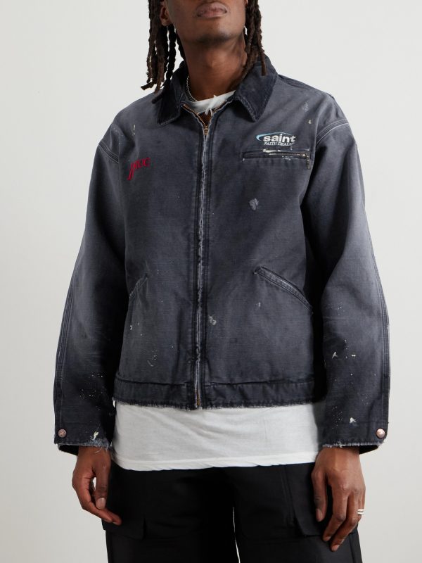 Corduroy-Trimmed Logo-Embroidered Distressed Cotton-Canvas Jacket - FR