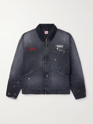 Corduroy-Trimmed Logo-Embroidered Distressed Cotton-Canvas Jacket Corduroy-Trimmed Logo-Embroidered Distressed Cotton-Canvas Jacket