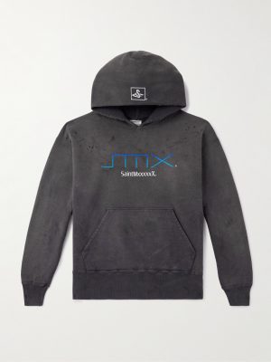 SMX6 Distressed Logo-Print Cotton-Jersey Hoodie