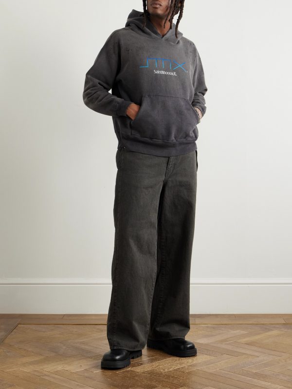 SMX6 Distressed Logo-Print Cotton-Jersey Hoodie - OU SMX6 Distressed Logo-Print Cotton-Jersey Hoodie - OU