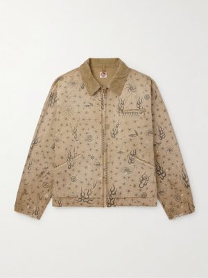 + Dr. Woo Corduroy-Trimmed Distressed Printed Cotton-Canvas Jacket