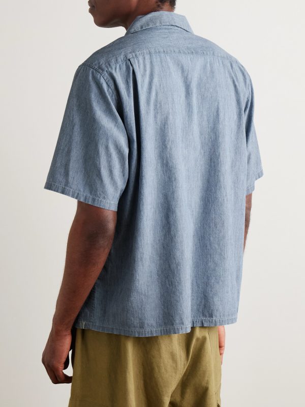 Keesey Convertible-Collar Logo-Embroidered Cotton and Silk-Blend Chambray Shirt - BK Keesey Convertible-Collar Logo-Embroidered Cotton and Silk-Blend Chambray Shirt - BK