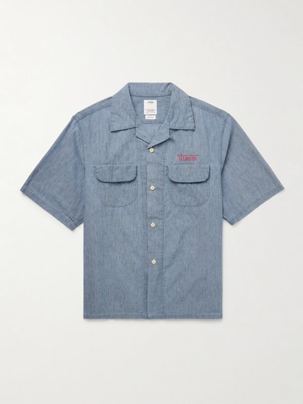 Keesey Convertible-Collar Logo-Embroidered Cotton and Silk-Blend Chambray Shirt Keesey Convertible-Collar Logo-Embroidered Cotton and Silk-Blend Chambray Shirt
