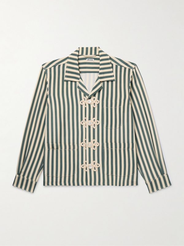 Trillium Camp-Collar Appliquéd Striped Silk Shirt