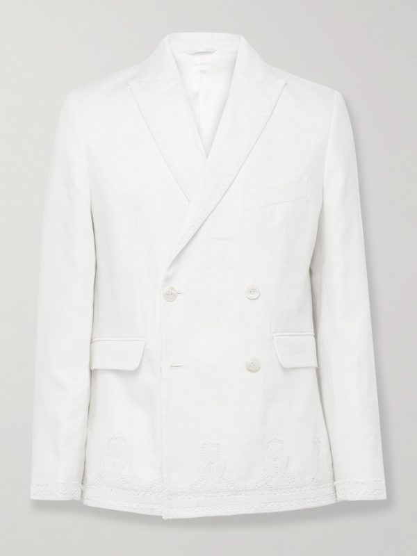 Marsh Double-Breasted Embellished Tulle-Trimmed Linen Suit Jacket Marsh Double-Breasted Embellished Tulle-Trimmed Linen Suit Jacket