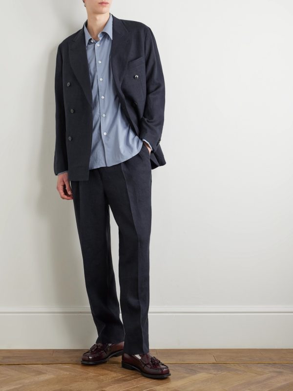 Double-Breasted Linen and Silk-Blend Blazer - OU Double-Breasted Linen and Silk-Blend Blazer - OU