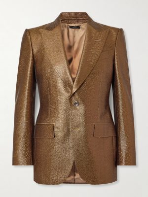 Slim-Fit Croc-Effect Coated Wool-Blend Tuxedo Jacket