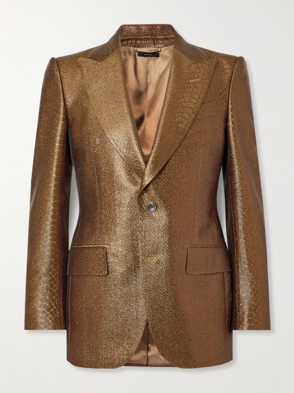 Slim-Fit Croc-Effect Coated Wool-Blend Tuxedo Jacket