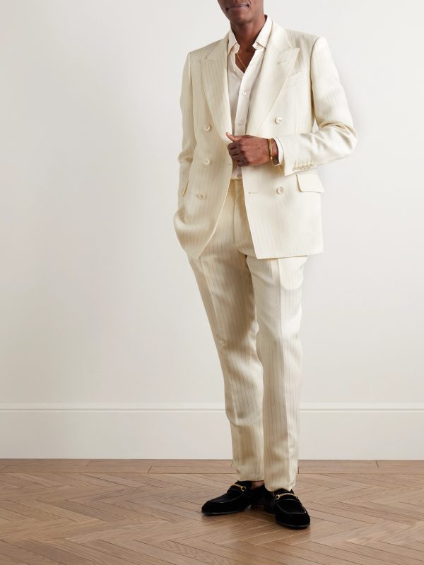 Slim-Fit Metallic Striped Wool-Blend Suit Trousers - OU Slim-Fit Metallic Striped Wool-Blend Suit Trousers - OU