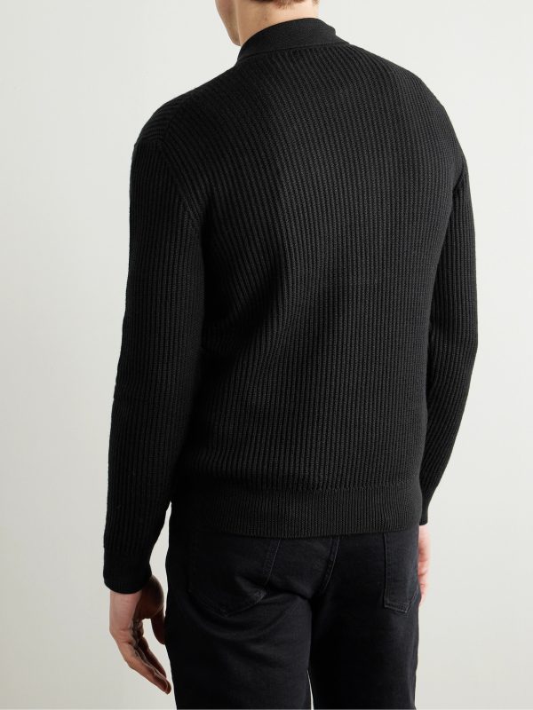 Slim-Fit Shawl-Collar Ribbed Merino Wool-Blend Half-Placket Sweater - BK