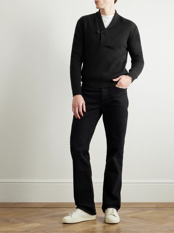 Slim-Fit Shawl-Collar Ribbed Merino Wool-Blend Half-Placket Sweater - OU