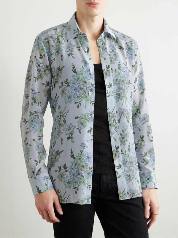Slim-Fit Floral-Print Silk-Crepe Shirt - FR Slim-Fit Floral-Print Silk-Crepe Shirt - FR