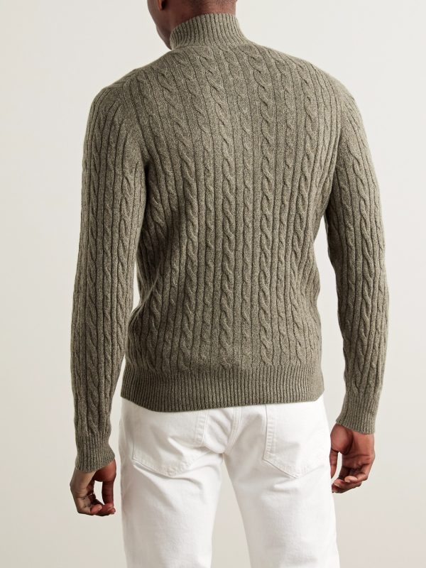 Slim-Fit Suede-Trimmed Cable-Knit Baby Cashmere Half-Zip Sweater - BK Slim-Fit Suede-Trimmed Cable-Knit Baby Cashmere Half-Zip Sweater - BK