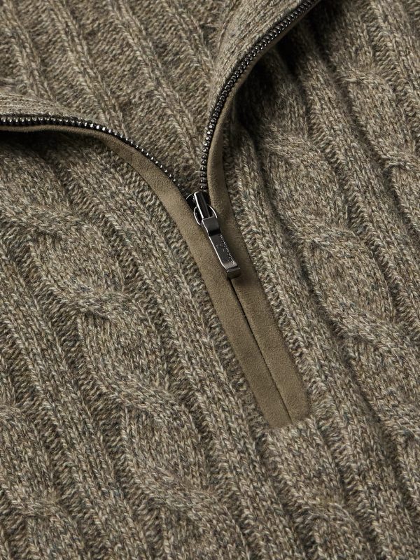 Slim-Fit Suede-Trimmed Cable-Knit Baby Cashmere Half-Zip Sweater - CU Slim-Fit Suede-Trimmed Cable-Knit Baby Cashmere Half-Zip Sweater - CU