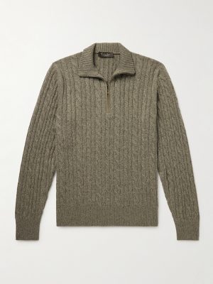 Slim-Fit Suede-Trimmed Cable-Knit Baby Cashmere Half-Zip Sweater Slim-Fit Suede-Trimmed Cable-Knit Baby Cashmere Half-Zip Sweater