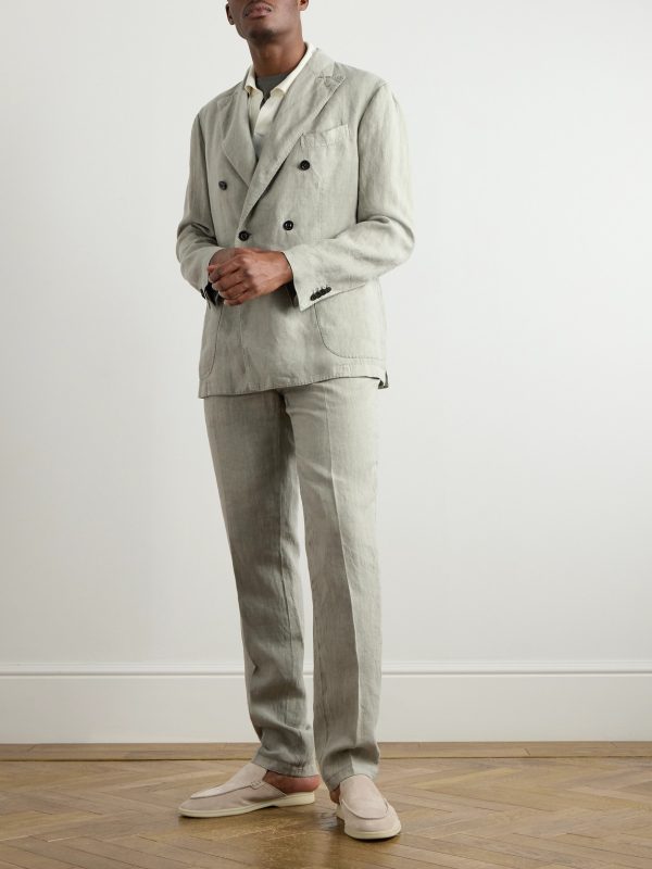 Double-Breasted Garment-Dyed Linen Suit Jacket - OU Double-Breasted Garment-Dyed Linen Suit Jacket - OU