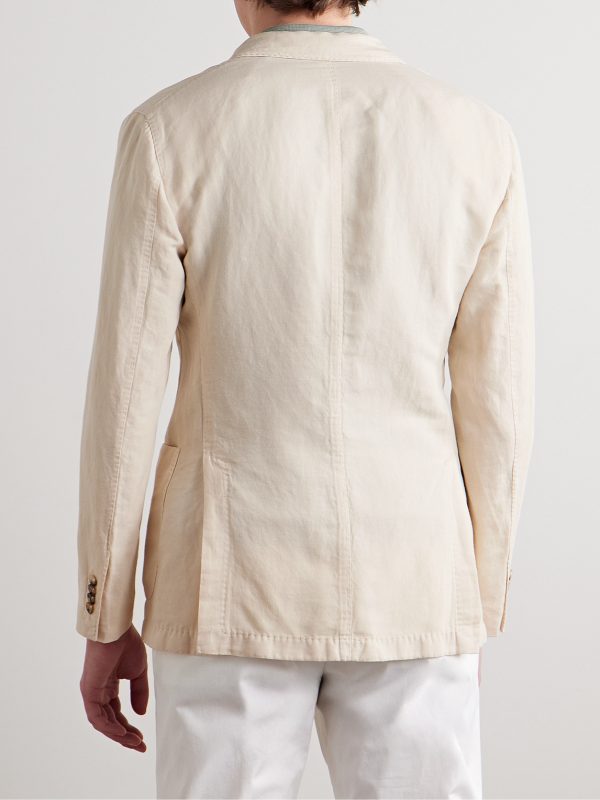 Double-Breasted Garment-Dyed Cotton and Linen-Blend Blazer - BK
