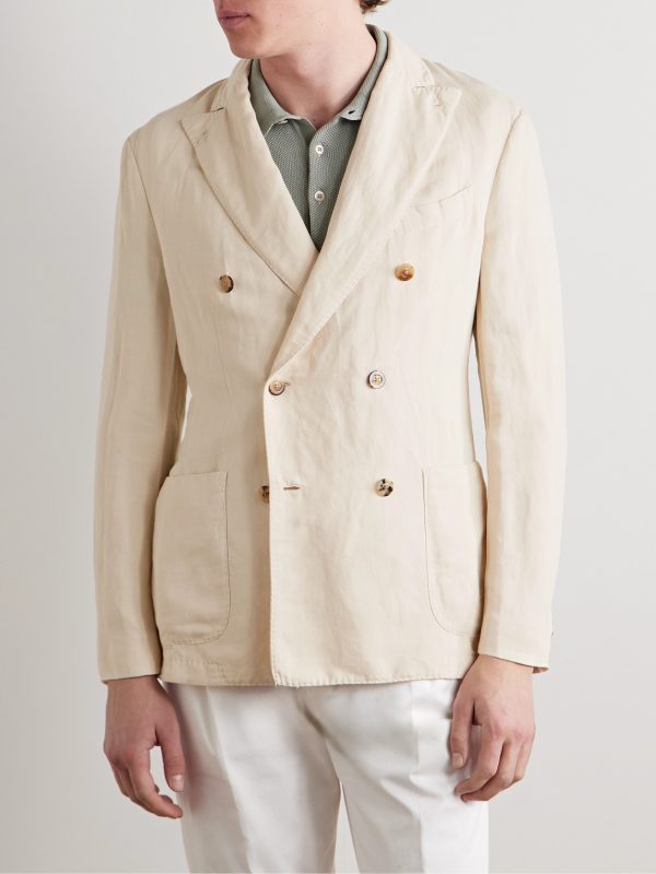 Double-Breasted Garment-Dyed Cotton and Linen-Blend Blazer - FR