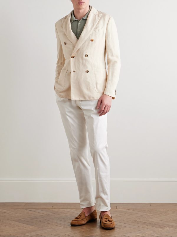 Double-Breasted Garment-Dyed Cotton and Linen-Blend Blazer - OU