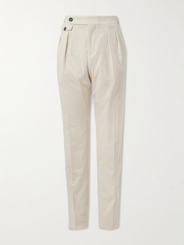 Straight-Leg Pleated Cotton-Blend Corduroy Trousers